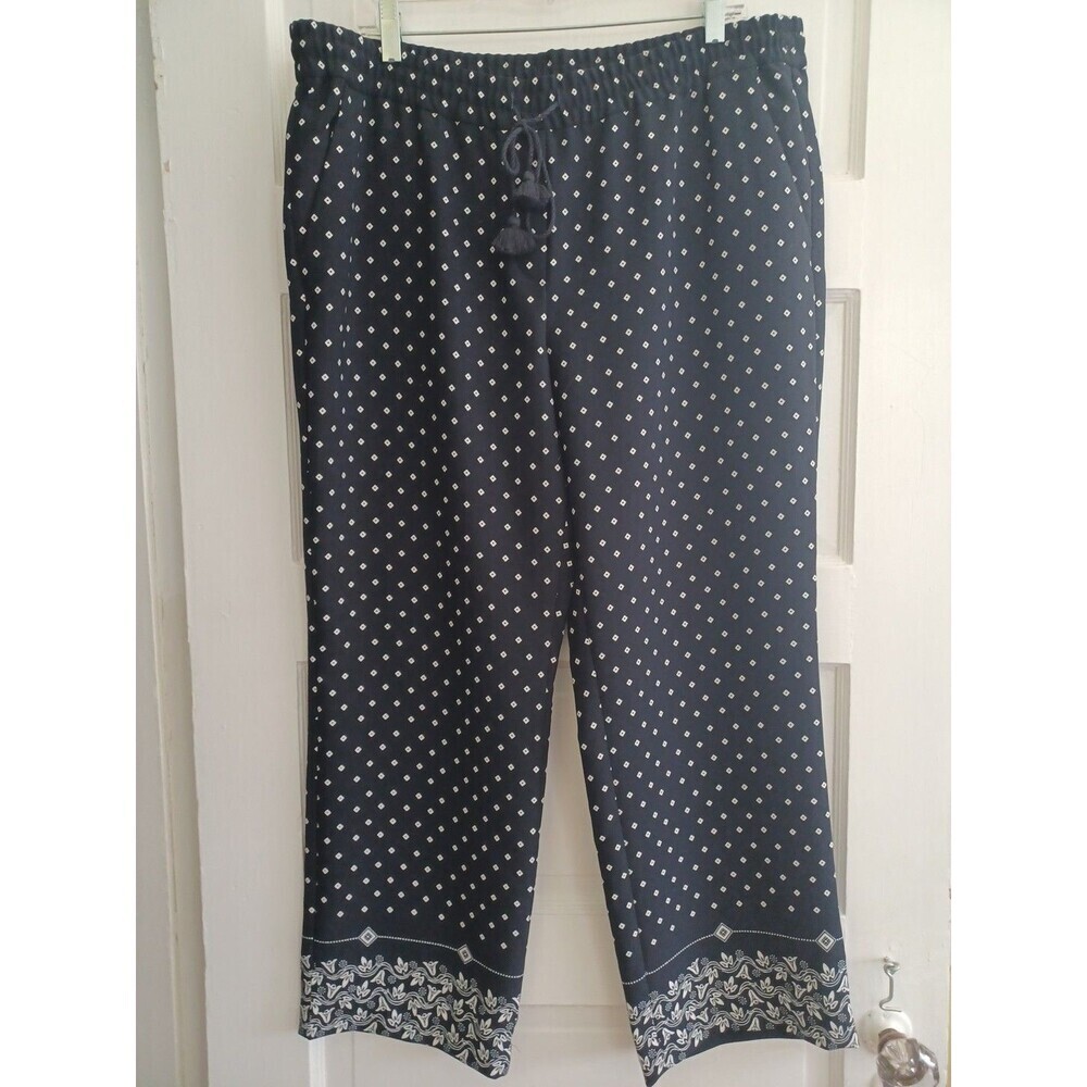LOFT navy print drawstring ankle pants L hem detail comfy casual work vacation